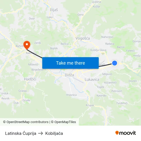 Latinska Ćuprija to Kobiljača map