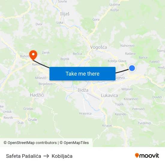Safeta Pašalića to Kobiljača map