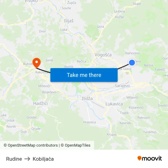 Rudine to Kobiljača map
