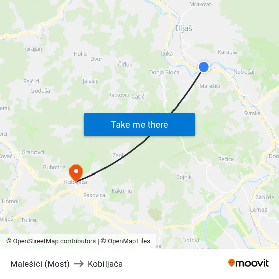 Malešići (Most) to Kobiljača map