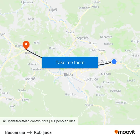 Baščaršija to Kobiljača map