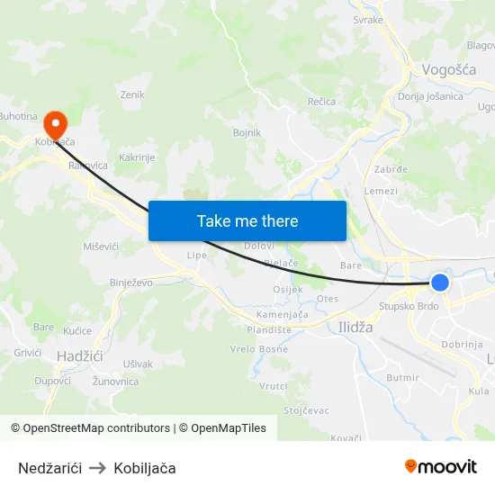 Nedžarići to Kobiljača map
