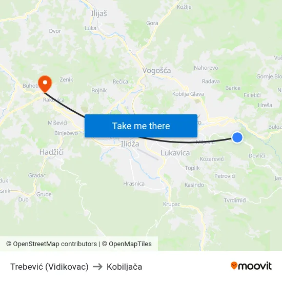 Trebević (Vidikovac) to Kobiljača map