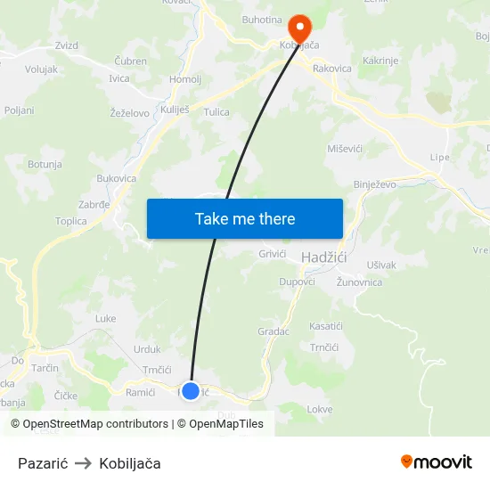 Pazarić to Kobiljača map