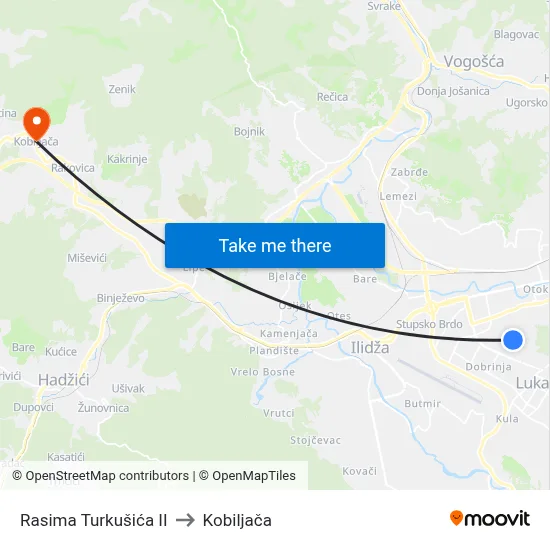 Rasima Turkušića II to Kobiljača map