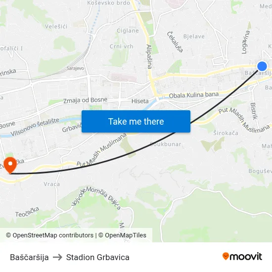 Baščaršija to Stadion Grbavica map