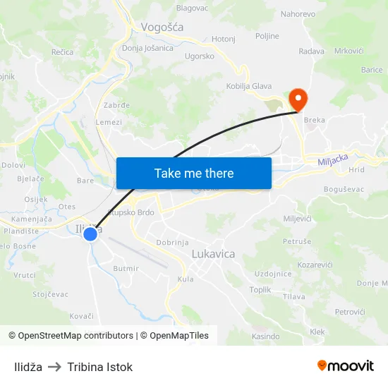 Ilidža to Tribina Istok map