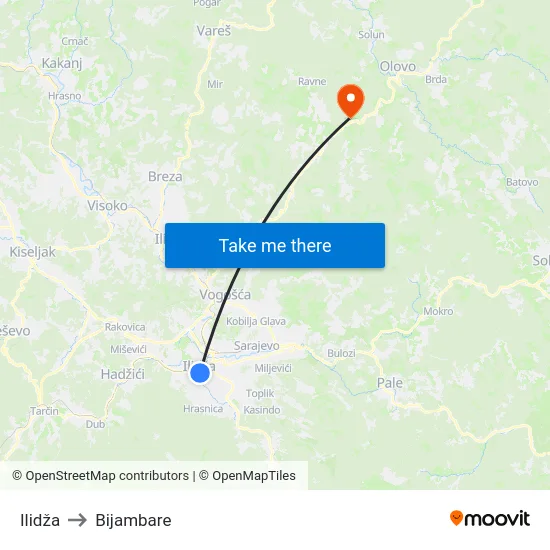 Ilidža to Bijambare map