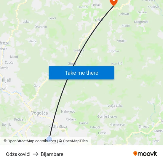 Odžakovići to Bijambare map