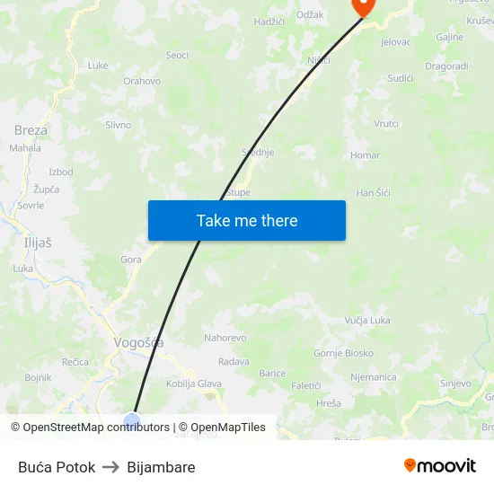 Buća Potok to Bijambare map
