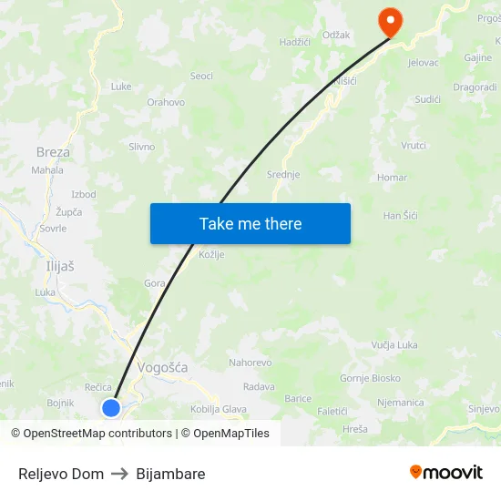 Reljevo Dom to Bijambare map