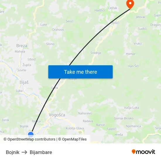 Bojnik to Bijambare map