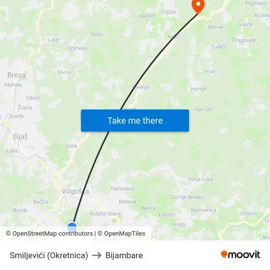 Smiljevići (Okretnica) to Bijambare map
