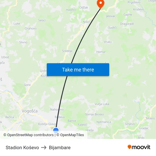 Stadion Koševo to Bijambare map