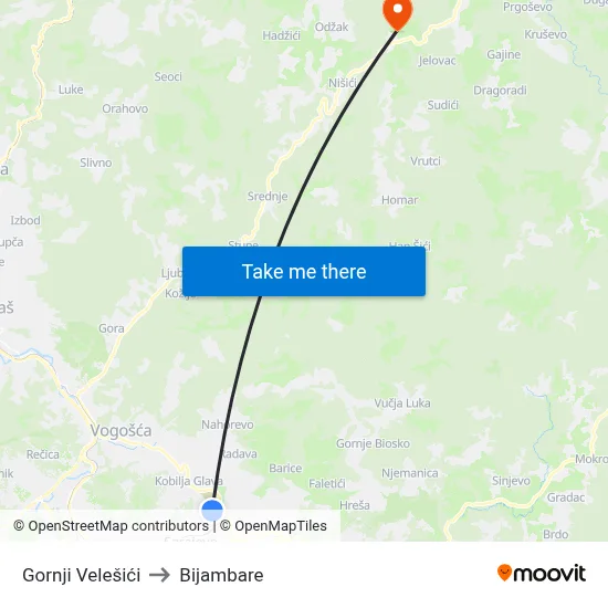 Gornji Velešići to Bijambare map