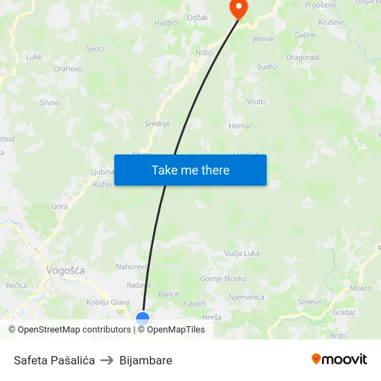 Safeta Pašalića to Bijambare map
