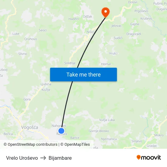 Vrelo Uroševo to Bijambare map