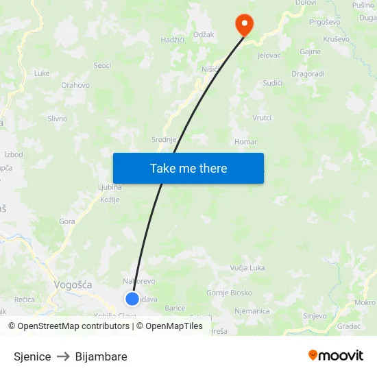 Sjenice to Bijambare map