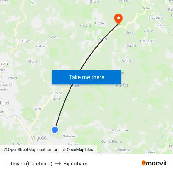 Tihovići (Okretnica) to Bijambare map