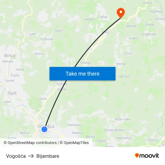 Vogošća to Bijambare map