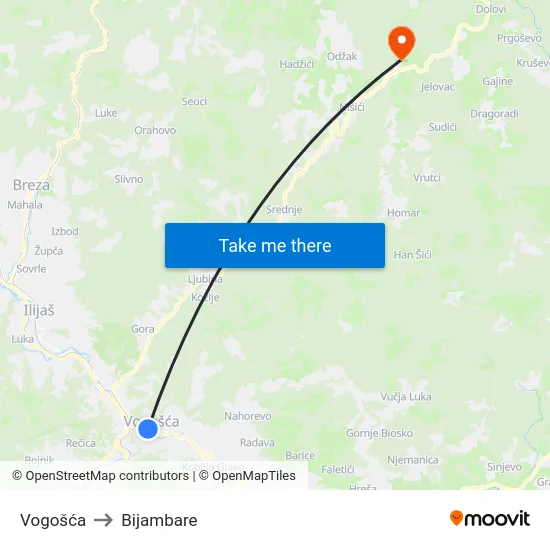 Vogošća to Bijambare map