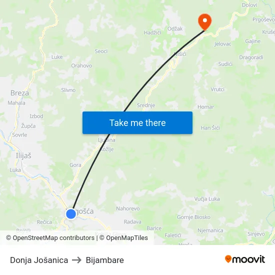 Donja Jošanica to Bijambare map