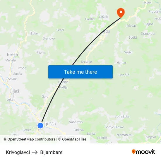 Krivoglavci to Bijambare map