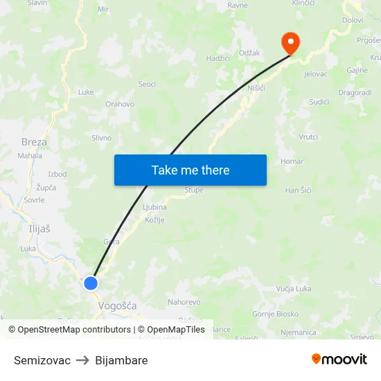 Semizovac to Bijambare map