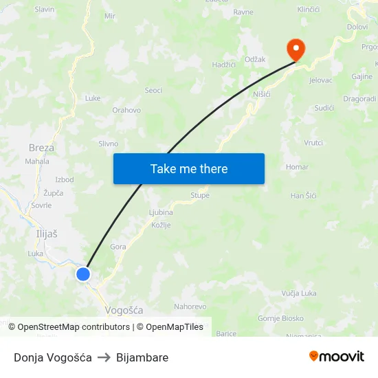 Donja Vogošća to Bijambare map