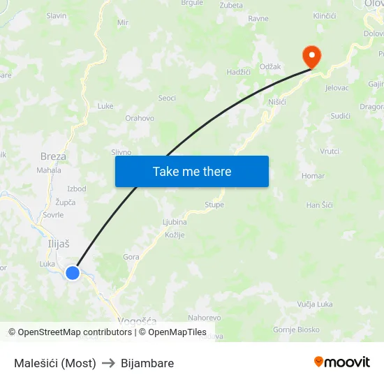 Malešići (Most) to Bijambare map