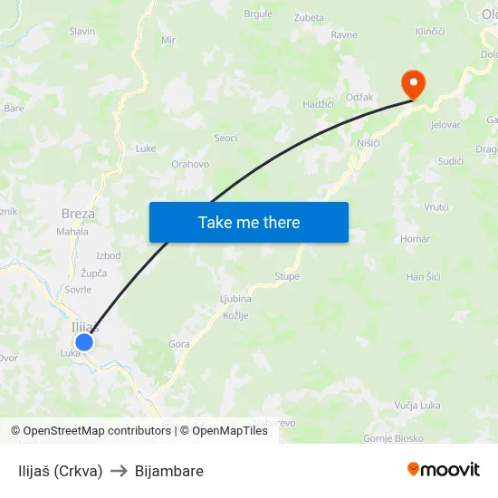 Ilijaš (Crkva) to Bijambare map