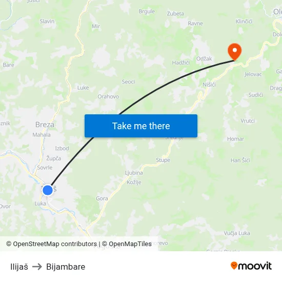 Ilijaš to Bijambare map