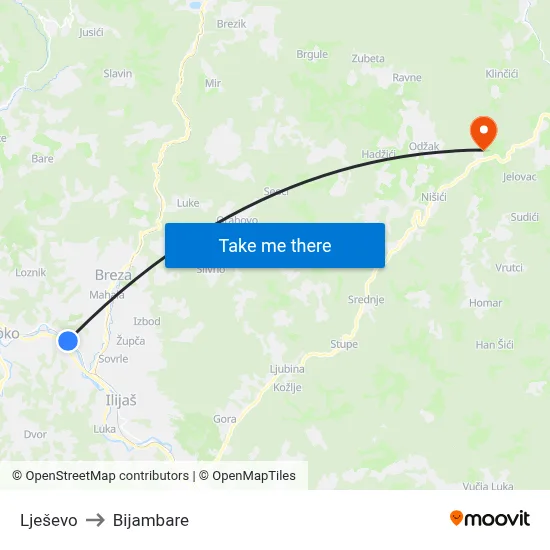 Lješevo to Bijambare map