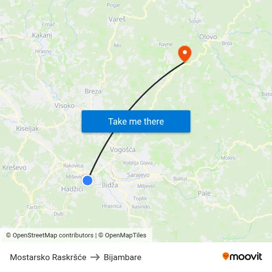Mostarsko Raskršće to Bijambare map