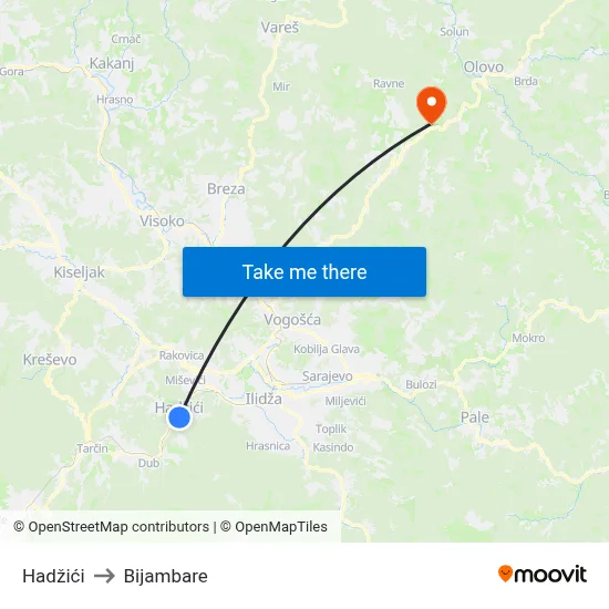 Hadžići to Bijambare map