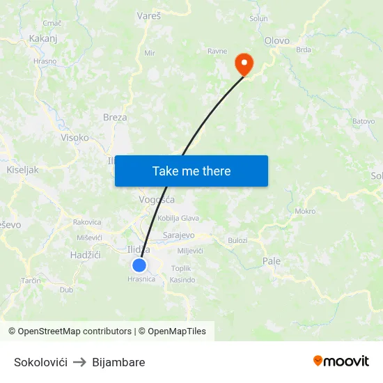 Sokolovići to Bijambare map