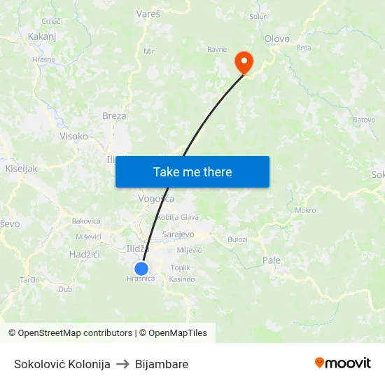 Sokolović Kolonija to Bijambare map