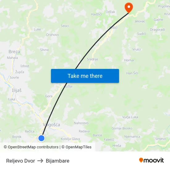 Reljevo Dvor to Bijambare map