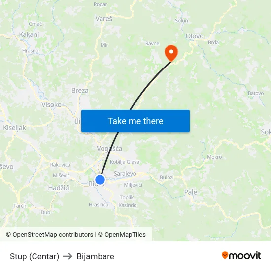 Stup (Centar) to Bijambare map