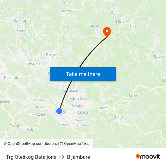 Trg Oteškog Bataljona to Bijambare map