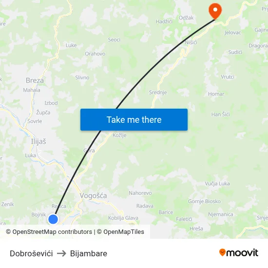 Dobroševići to Bijambare map
