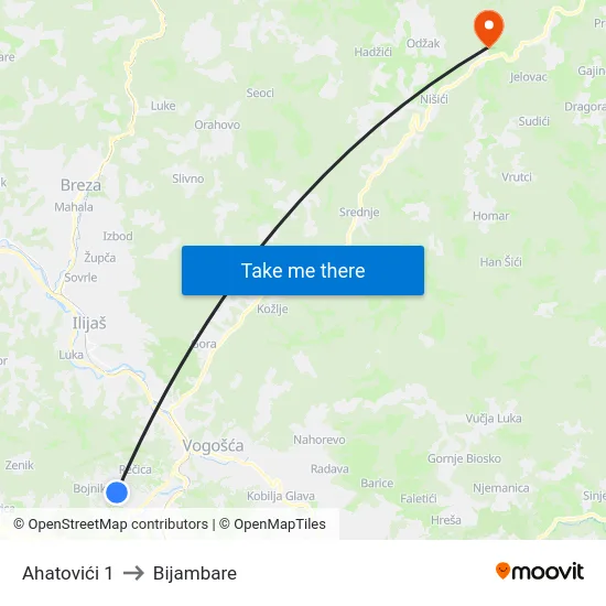 Ahatovići 1 to Bijambare map