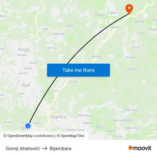 Gornji Ahatovići to Bijambare map