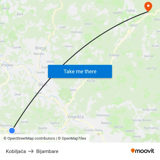 Kobiljača to Bijambare map