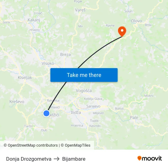 Donja Drozgometva to Bijambare map