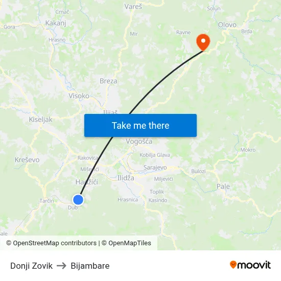 Donji Zovik to Bijambare map