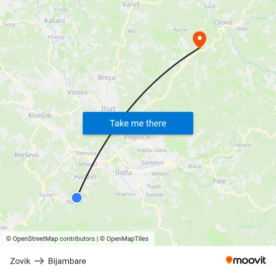 Zovik to Bijambare map
