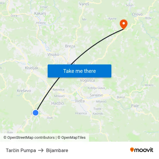 Tarčin Pumpa to Bijambare map
