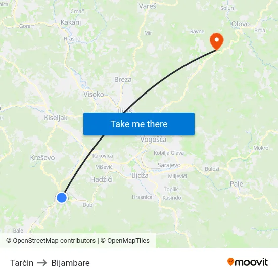 Tarčin to Bijambare map