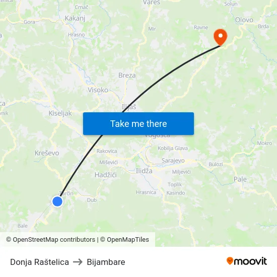 Donja Raštelica to Bijambare map
